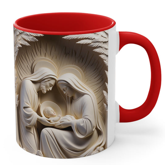 Christmas mug with 3D stone-look nativity scene of Mary, Joseph, and baby Jesus