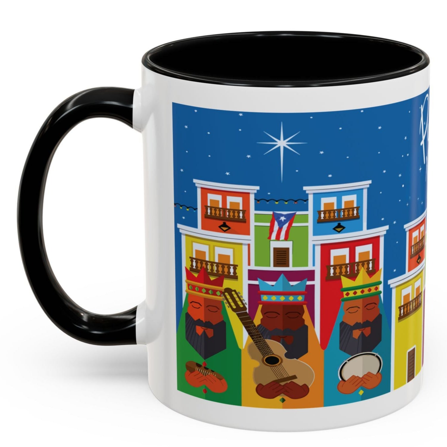 THREE KINGS IN OLD SAN JUAN COFFEE MUG TAZA TRES REYES MAGOS EN SAN JUAN. ASA E INTERIOR NEGRO. BLACK ACCENTS.