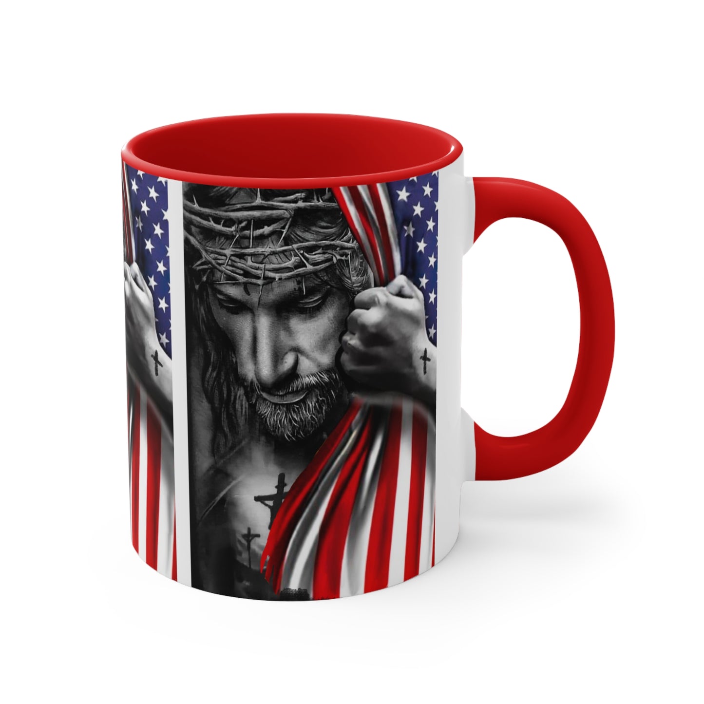 JESUS HUGGING USA FLAG MUG - Red- Navy-Black Accents - MUGSCITY - Free Shipping