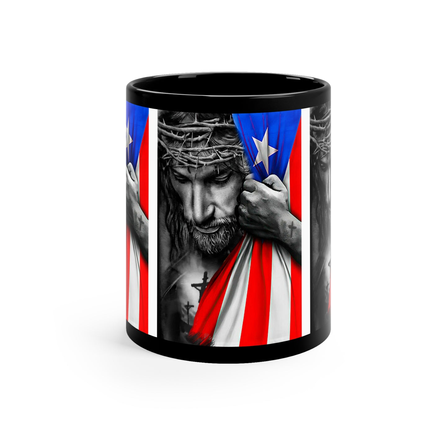 JESUS HUGGING PUERTO RICAN FLAG MUG (GLOSSY BLACK) - MUGSCITY - Free Shipping