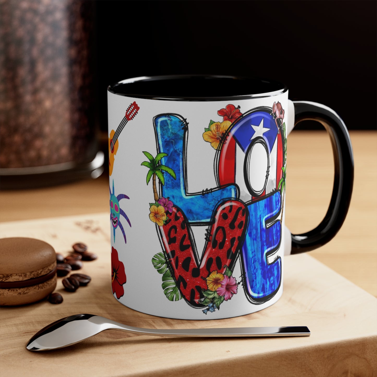 LOVE PUERTO RICO Mug with Puerto Rican Elements - Mugscity - Free Shipping - Available with Red, Blue or Black Accents