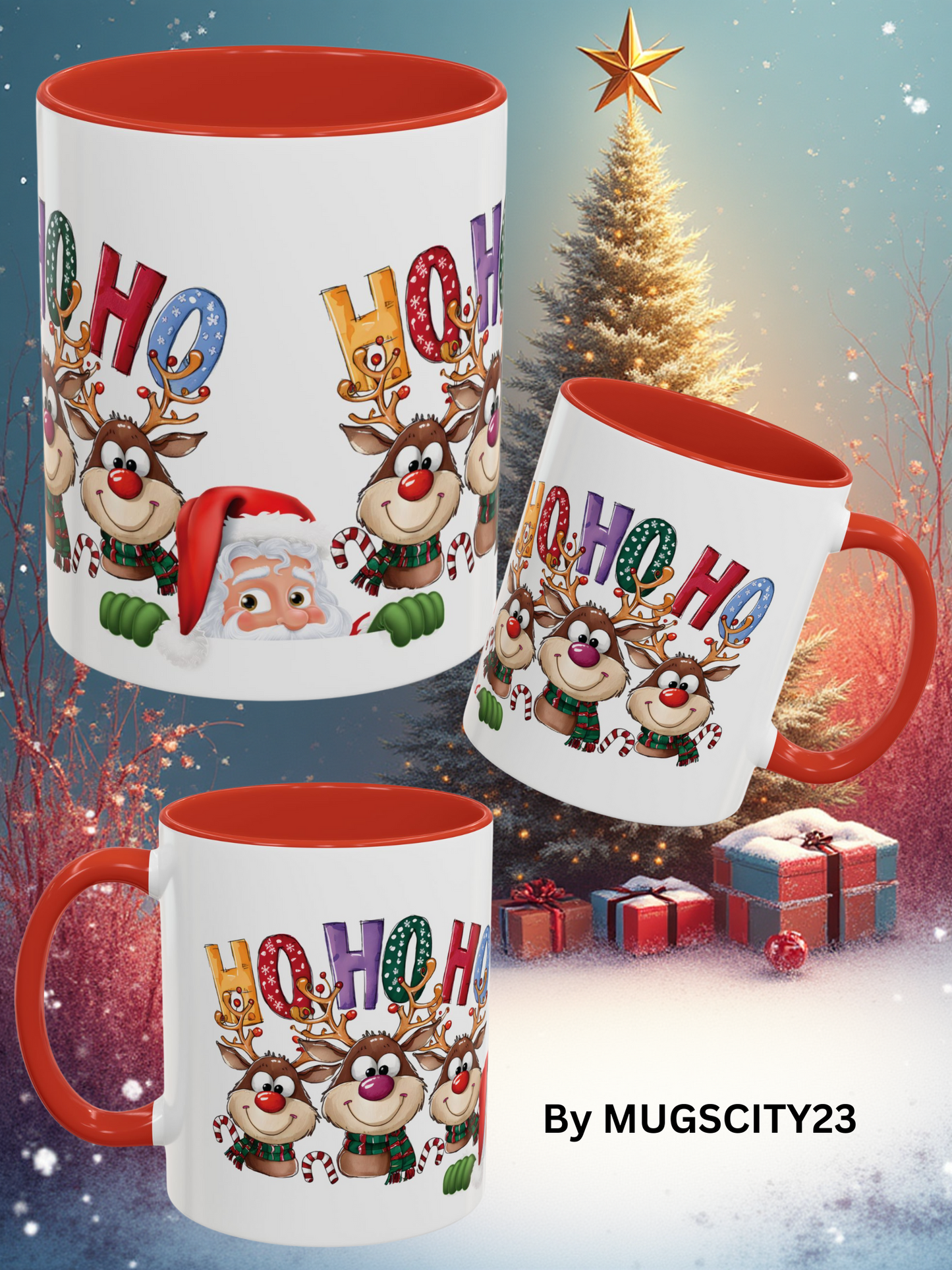 Santa and Reindeer Christmas Mug HO HO HO Funny Holiday Coffee Cup | MUGSCITY 23