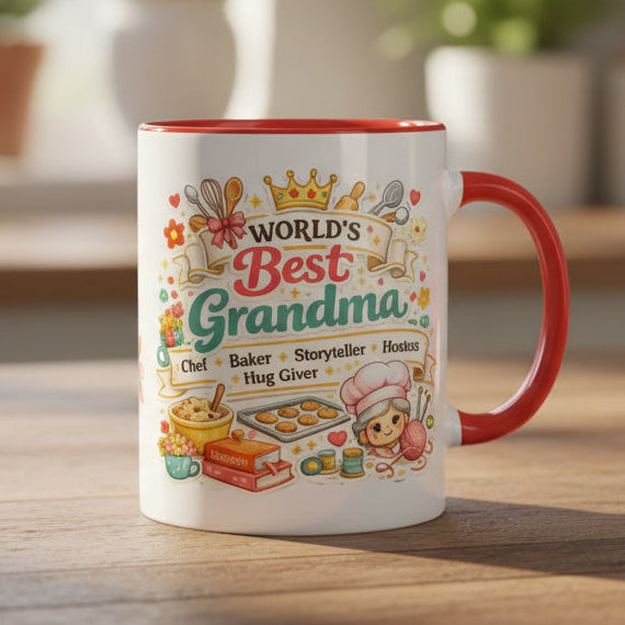White mug with red interior and colorful 'World's Best Grandma' design on a white background