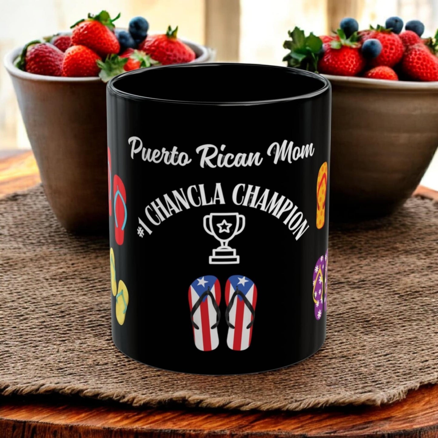 Puerto Rican Mom Chancla Champion Funny Mug | Black Coffee Cup, Flip Flop Graphics | Gift for Mom Mother Mother's Day